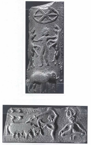 Two-sides-of-a-molded-tablet-showing-the-goddess-battling-tiger-demons-and-killing-the